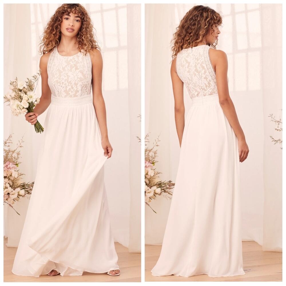 Lulus Forever and Always White Lace Maxi Dress.